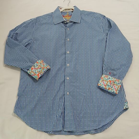 Robert Graham XL Flip Cuff Scrabble Tiles UNIQUE Blue/White Gingham Star Cotton - Picture 3 of 15